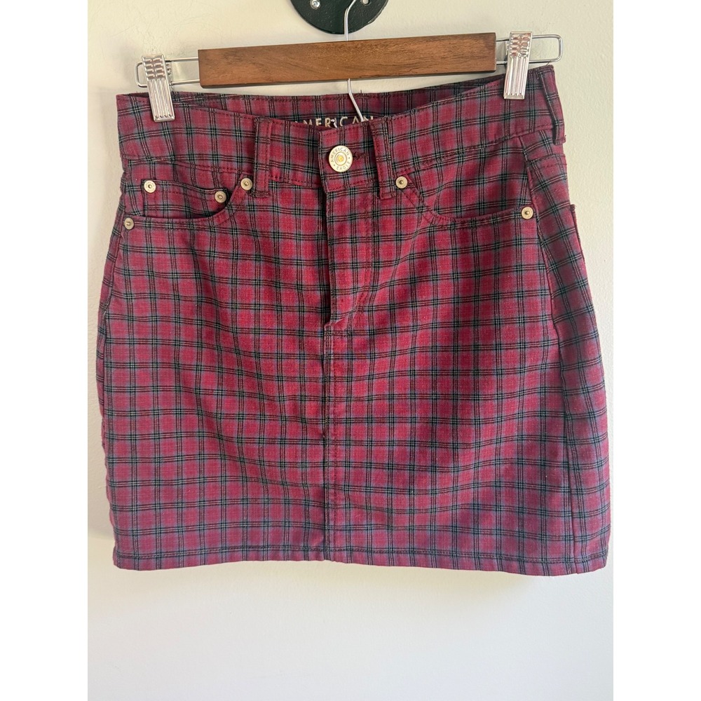 American Eagle Hi-Rise Mini Skirt Red Black Plaid Long Size‎ 0 High Waisted